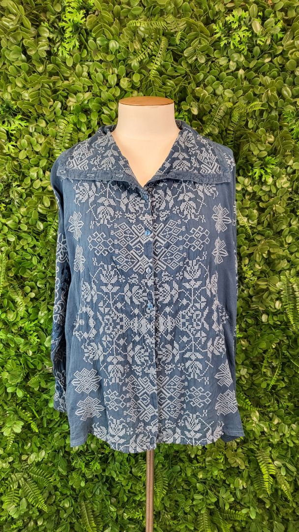 Johnny Was Blue Embroidered Top (10-12)