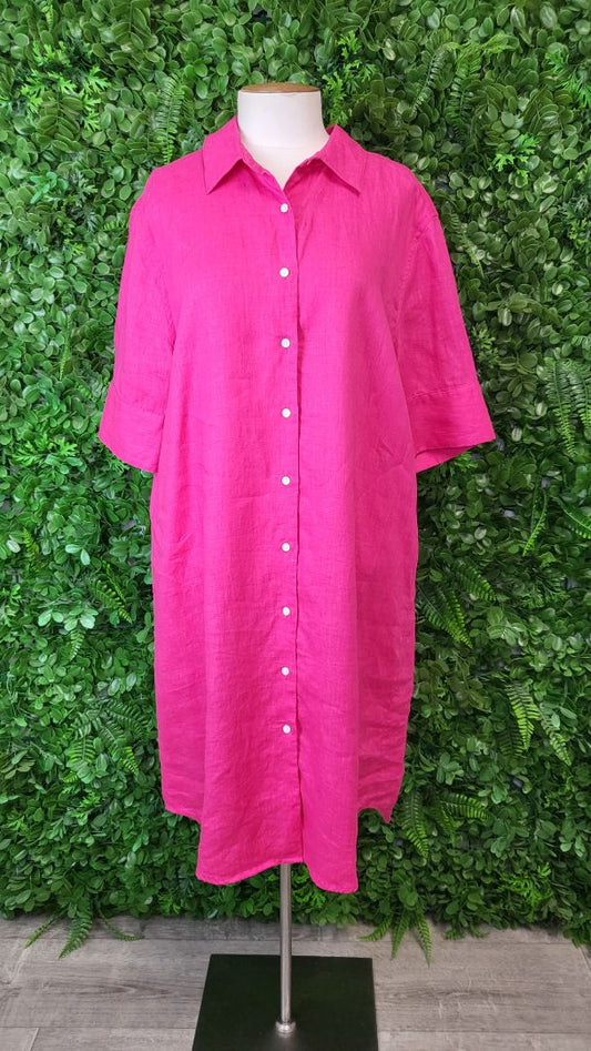 White by FTL Fushia Pink Linen Shirt Dress (14-16)