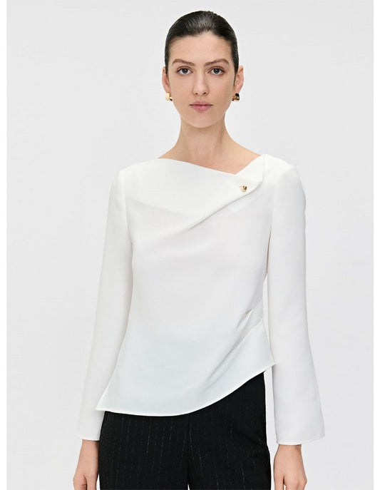 Veronika Maine White Double Weave Button Neck Top (16)
