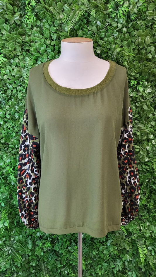 Charlo Khaki Leopard Print Sleeve Top (8-10)