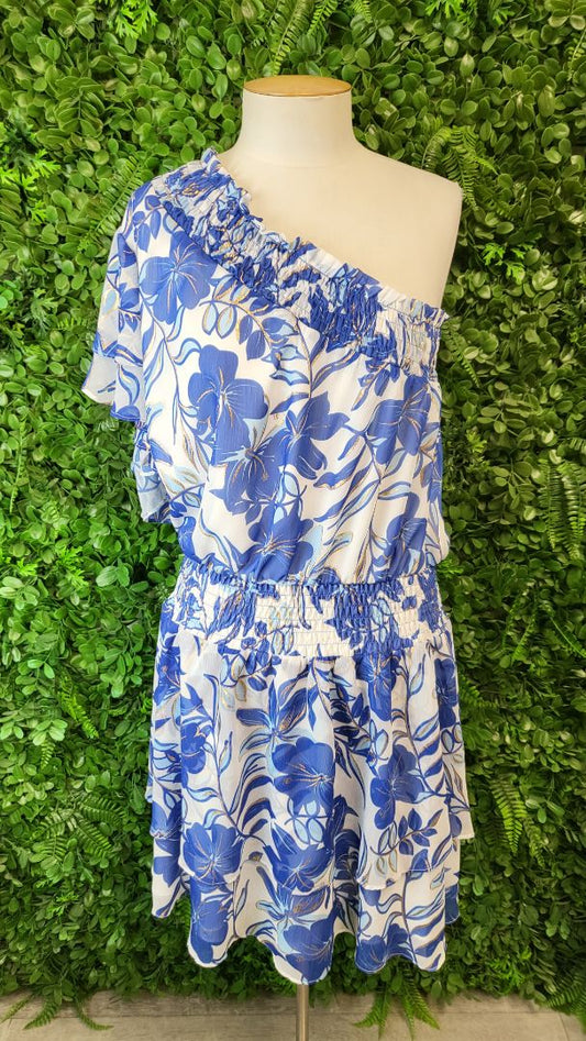 Augustine Blue Print Off Shoulder Dress (14-16)
