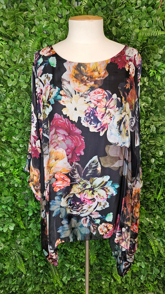 Italian Affair Black Floral Silk Floaty Top (12-16)