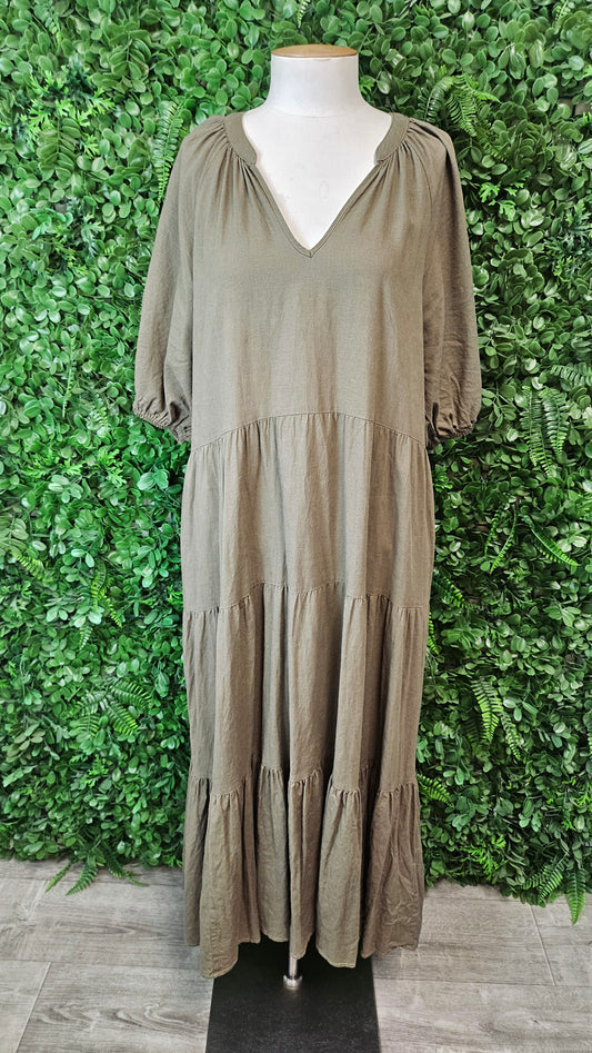 Cali & Co Olive Tiered Linen Dress (16)