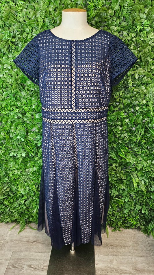 Joseph Ribkoff Navy Giupure Mesh Fit Flare Dress (14)