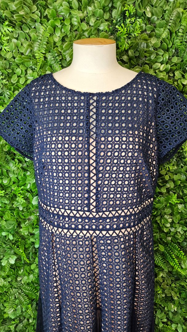 Joseph Ribkoff Navy Giupure Mesh Fit Flare Dress (14)