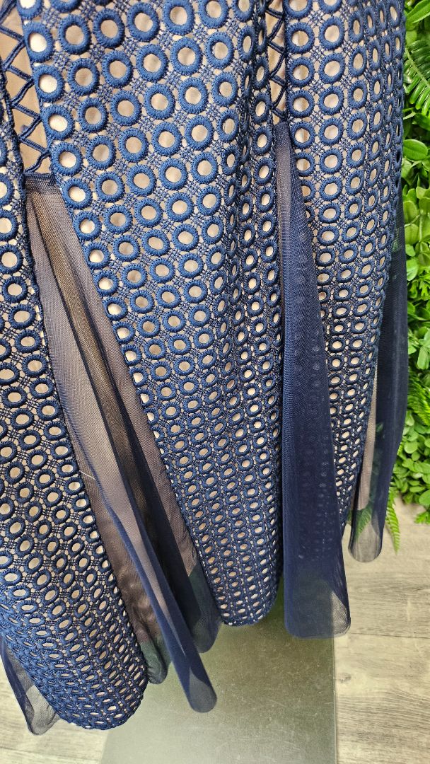 Joseph Ribkoff Navy Giupure Mesh Fit Flare Dress (14)