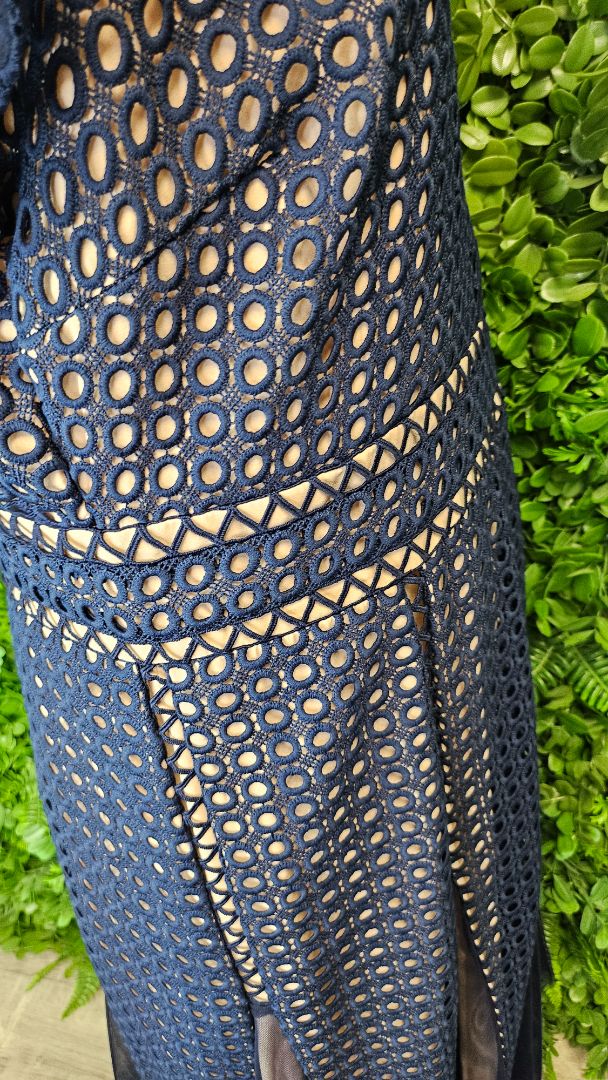 Joseph Ribkoff Navy Giupure Mesh Fit Flare Dress (14)