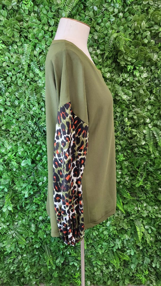 Charlo Khaki Leopard Print Sleeve Top (8-10)