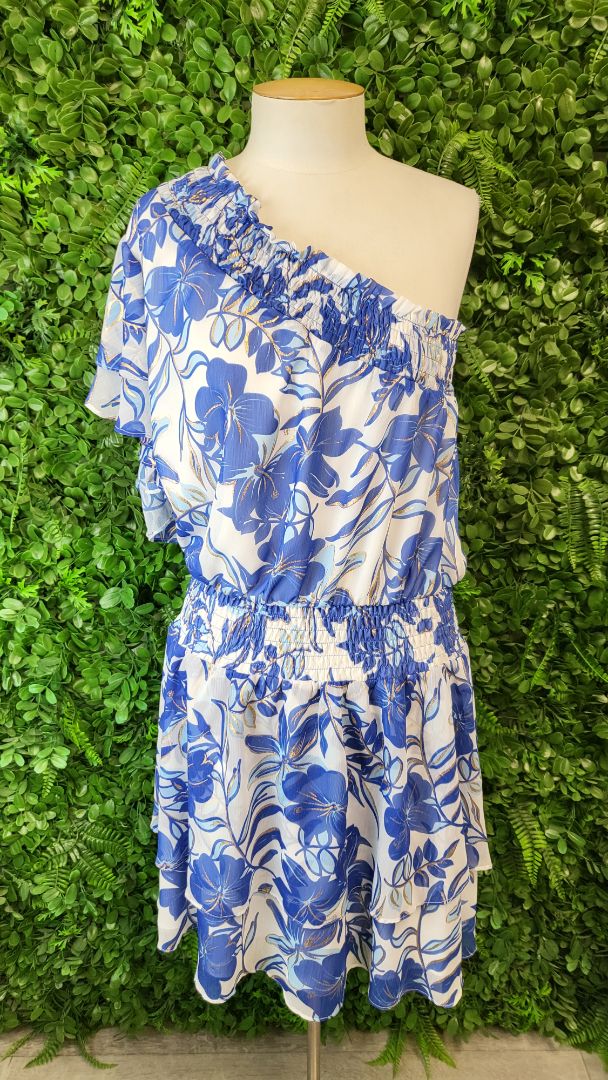 Augustine Blue Print Off Shoulder Dress (14-16)