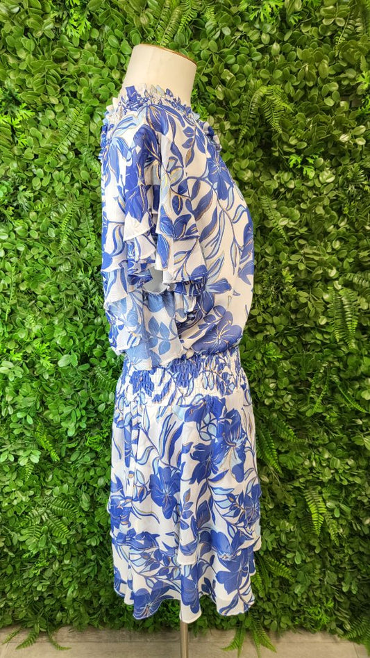 Augustine Blue Print Off Shoulder Dress (14-16)