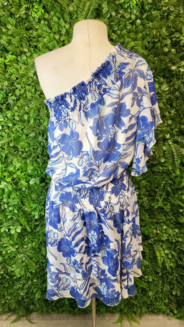 Augustine Blue Print Off Shoulder Dress (14-16)