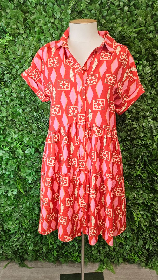 Betty Basics Red/Pink Print Tier Dress (8)