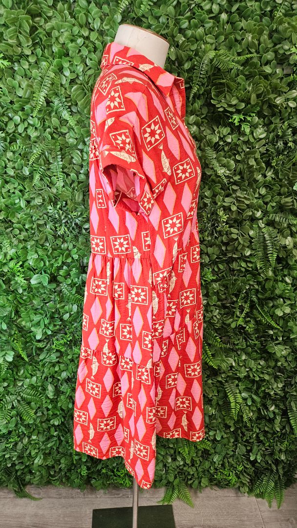 Betty Basics Red/Pink Print Tier Dress (8)