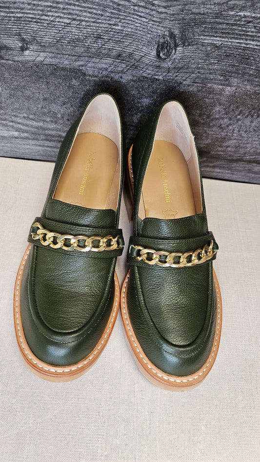 Isabella Anselmi Hunter Green Leather Loafer NEW (39)