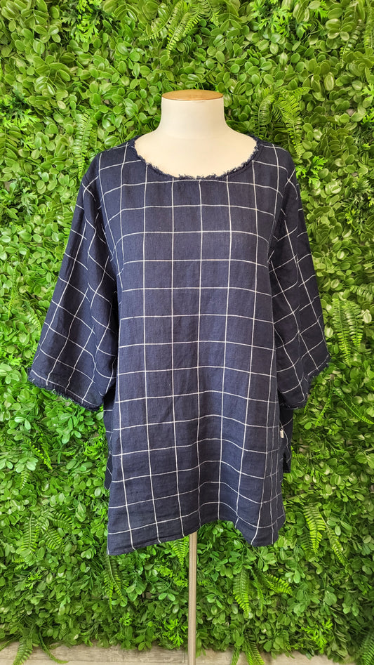 Rogue Linen Navy Check Linen Check Top (18-20)