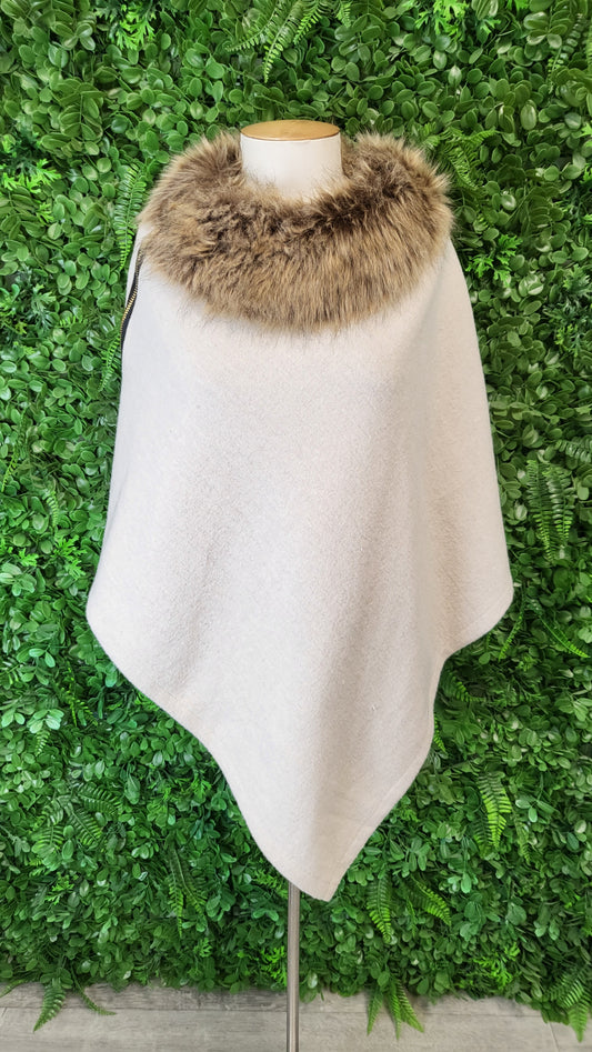 Cream Archer House Faux Fur Trim Poncho Cream