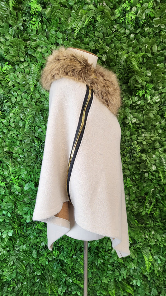 Cream Archer House Faux Fur Trim Poncho Cream
