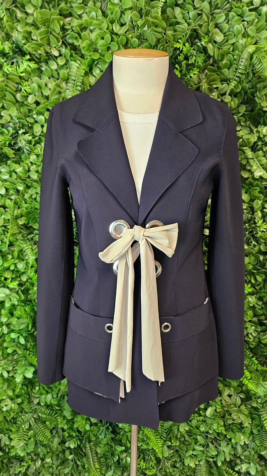 Paula Ryan French Navy Lace Up Eyelet Blazer (10-12)