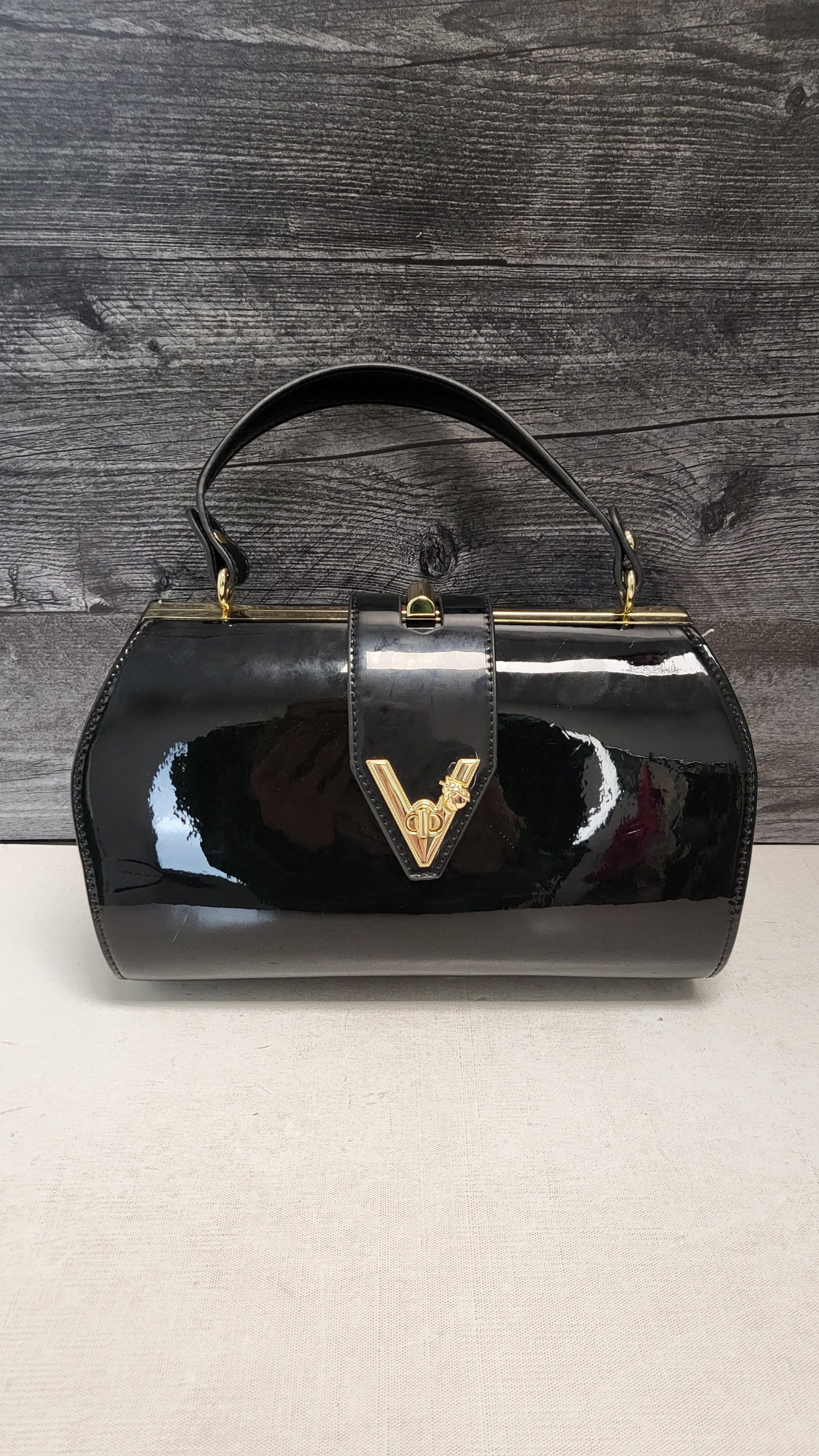 Vera May Black Patent Bowling Bag 28x21x15cm