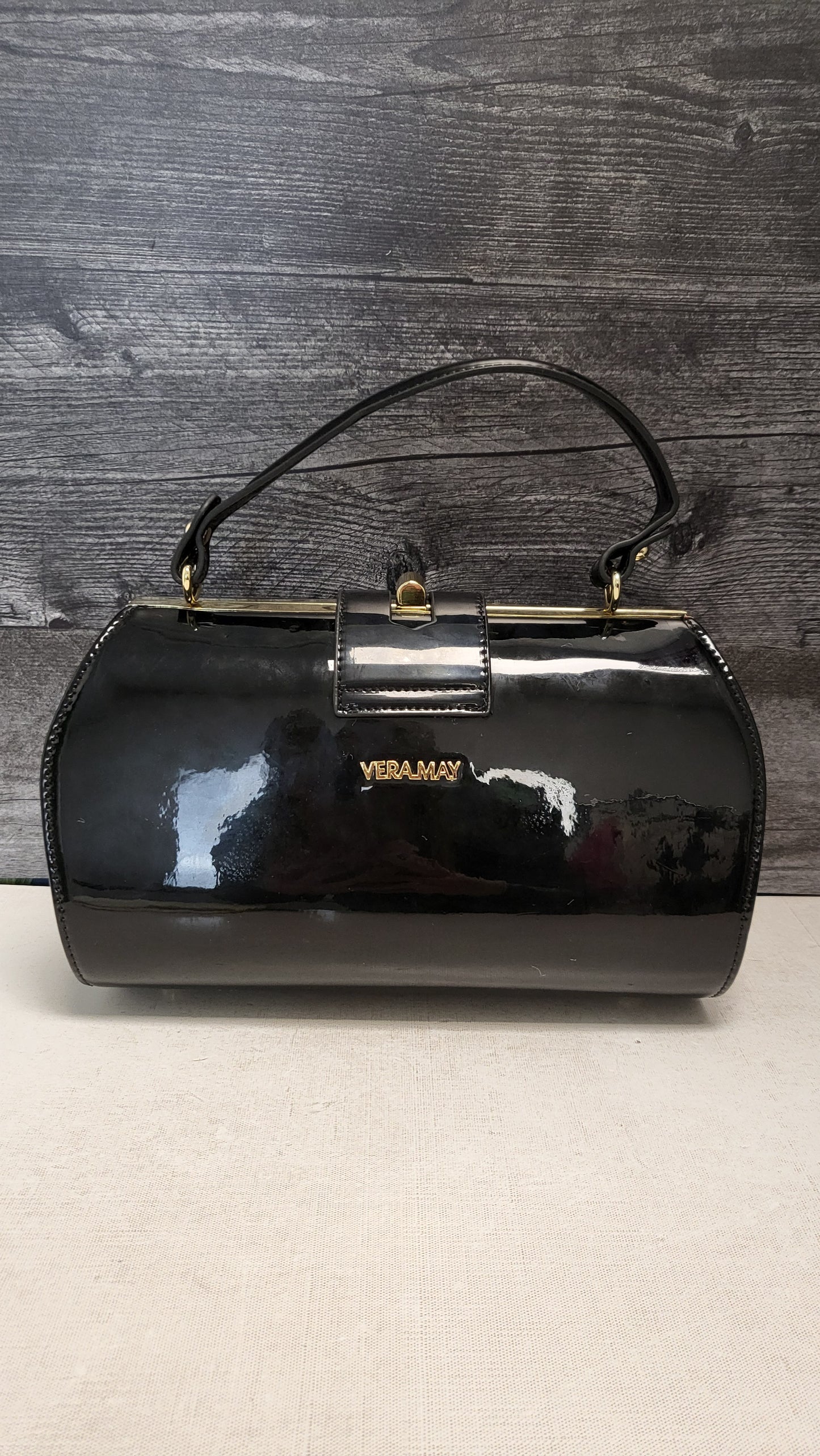Vera May Black Patent Bowling Bag 28x21x15cm
