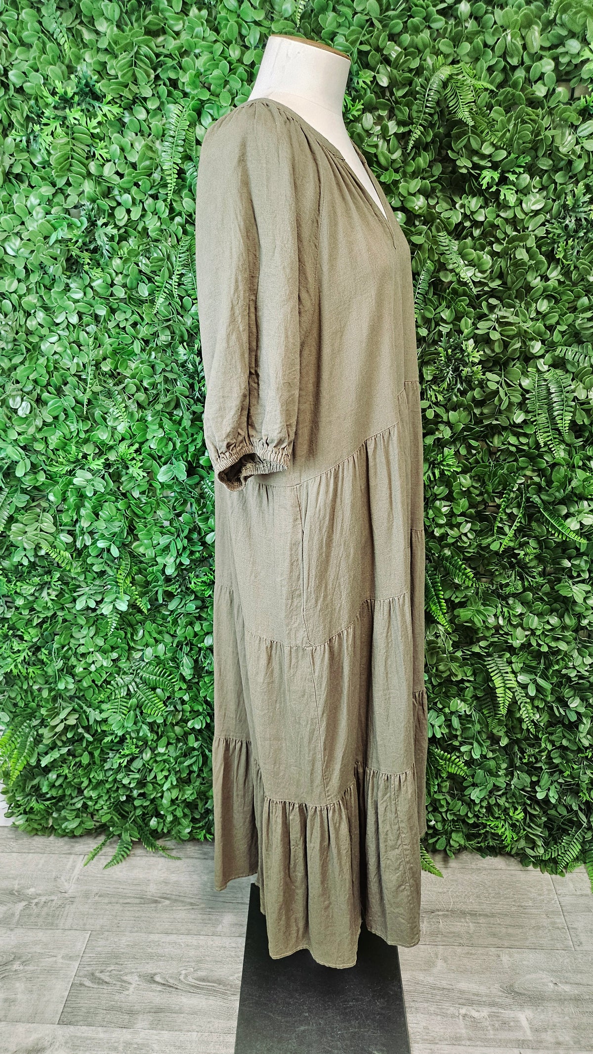 Cali & Co Olive Tiered Linen Dress (16)