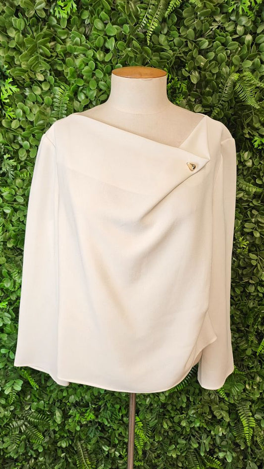Veronika Maine White Double Weave Button Neck Top (16)