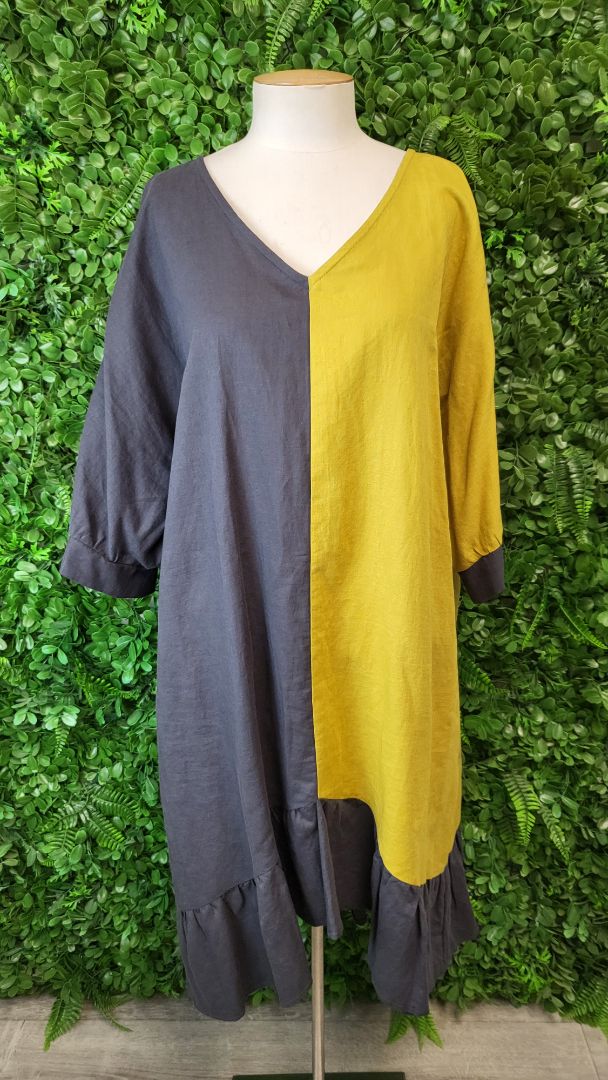 Cashews Mustard/Grey Linen Contrast Dress (20)
