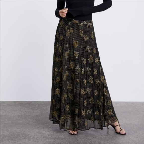 Zara Black/Gold Embroidered Skirt (10)